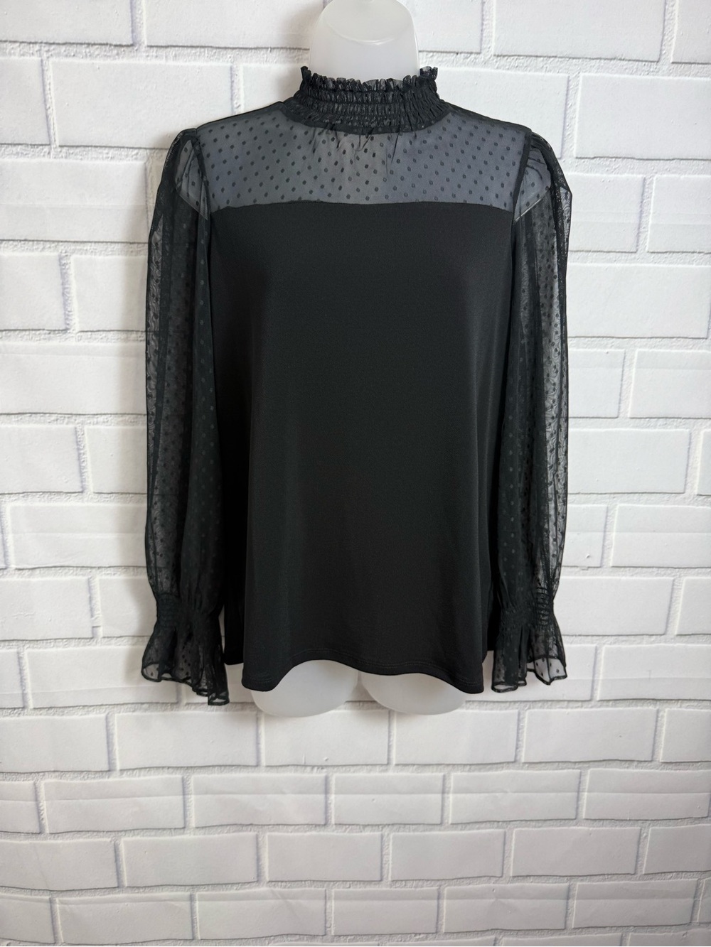 Adrianna Papell Black Swiss Dot Mesh Smocked Mock Neck whimsigoth Blouse Size M - Picture 3 of 8